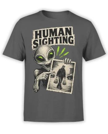 Gray alien T-shirt with Human Sighting text, a wide-eyed extraterrestrial, and a vintage human photograph