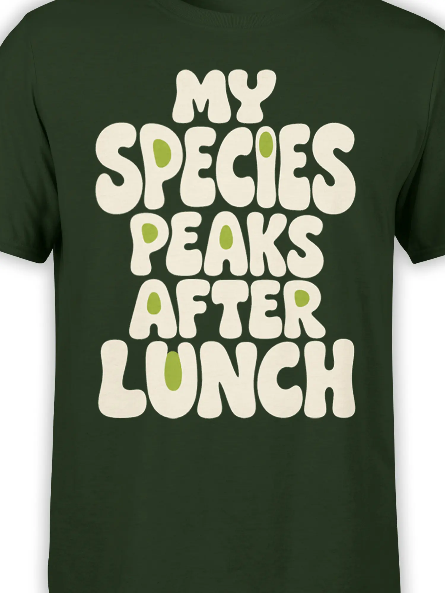 Close-up of cream bubble lettering and lime green accents on the dark green lunch humor T-shirt