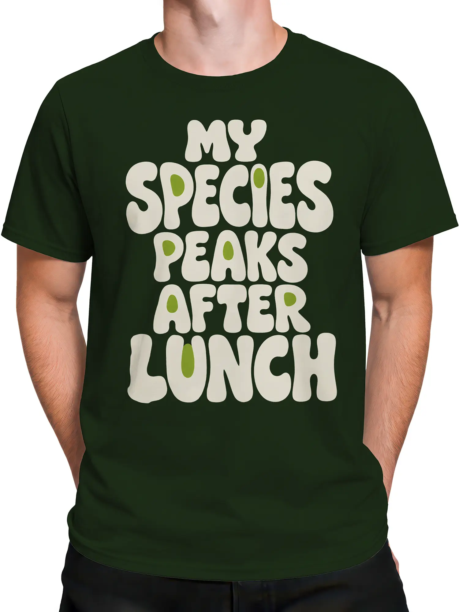 Male torso wearing a dark green lunch humor graphic T-shirt with cream bubble lettering and lime accents