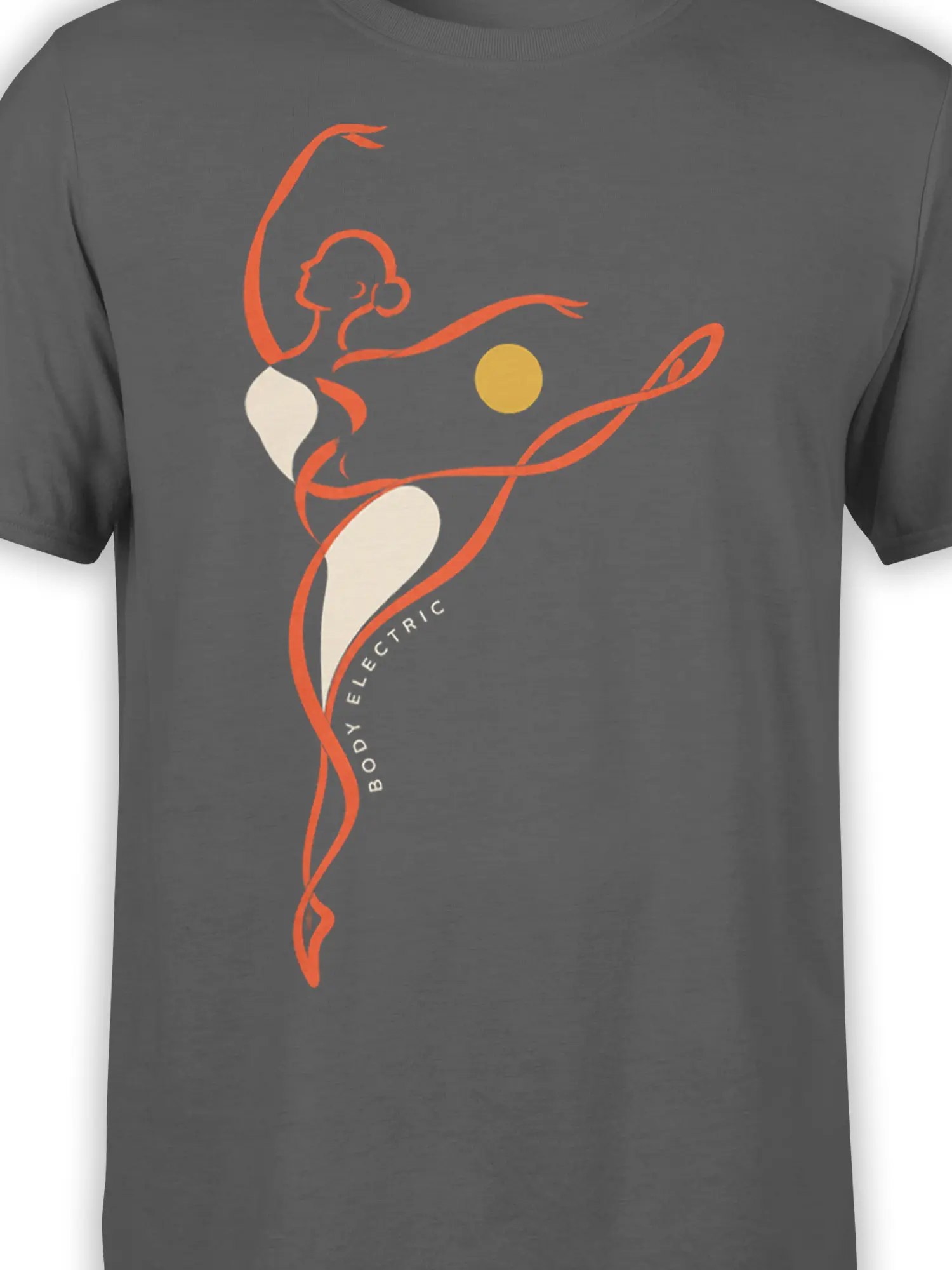 Close-up of orange body line art, cream shapes, golden circle, and BODY ELECTRIC text on a gray T-shirt