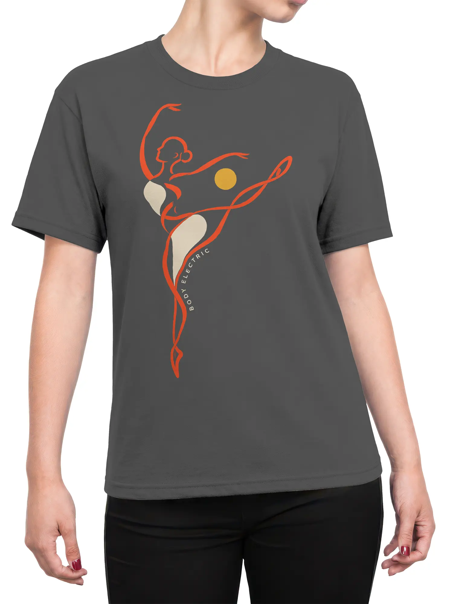 Female torso wearing a gray artistic body T-shirt with orange line art and BODY ELECTRIC lettering