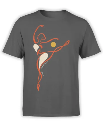Gray artistic body T-shirt with orange flowing line art, a golden circle, and BODY ELECTRIC lettering