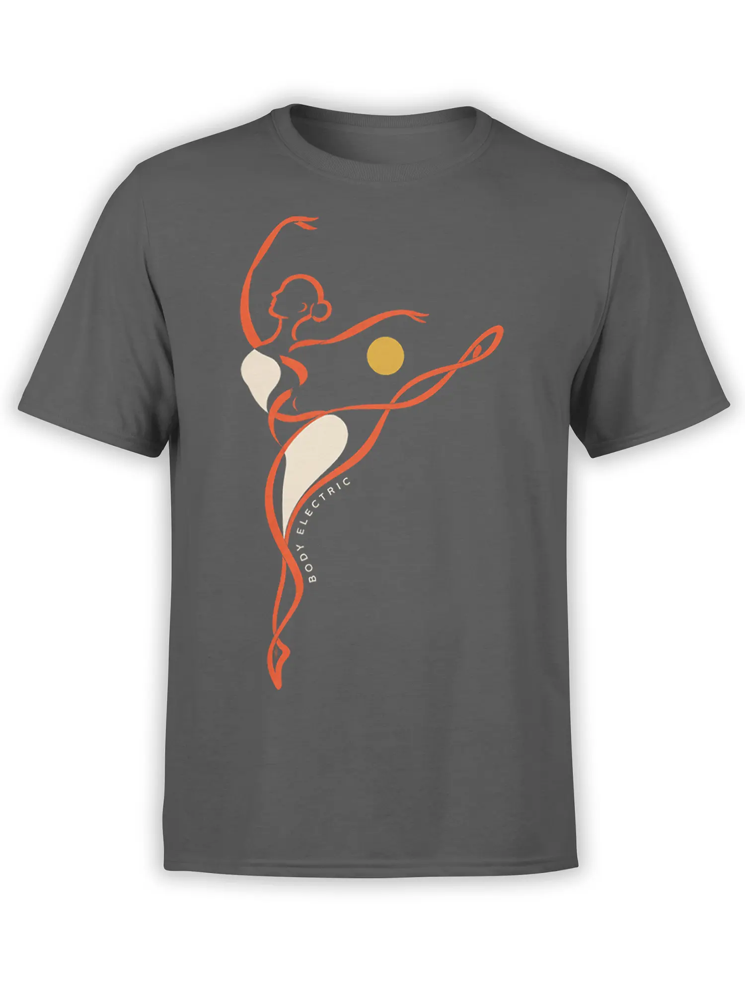 Gray artistic body T-shirt with orange flowing line art, a golden circle, and BODY ELECTRIC lettering