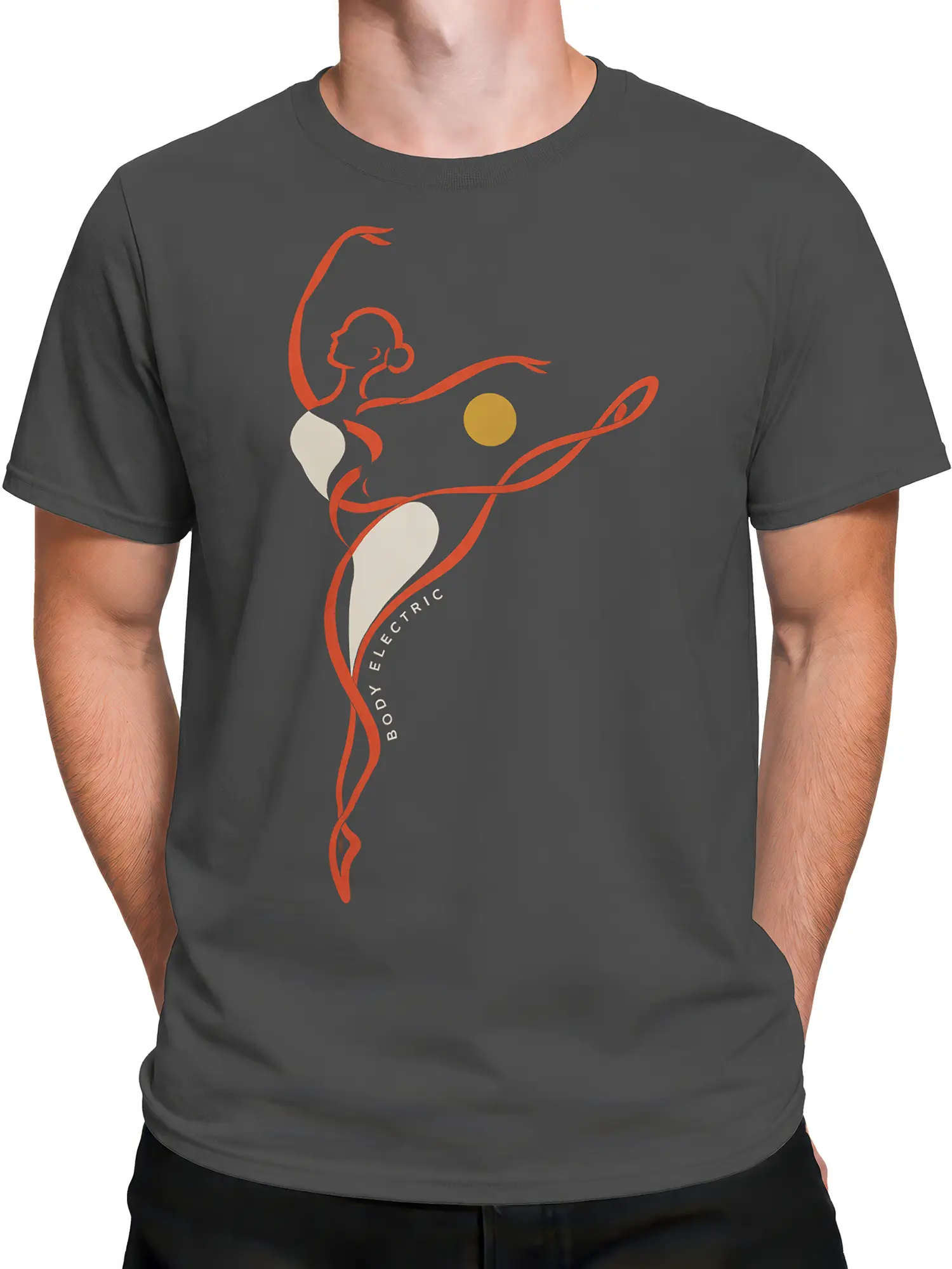 Male torso wearing a gray artistic body T-shirt with orange line art and BODY ELECTRIC lettering