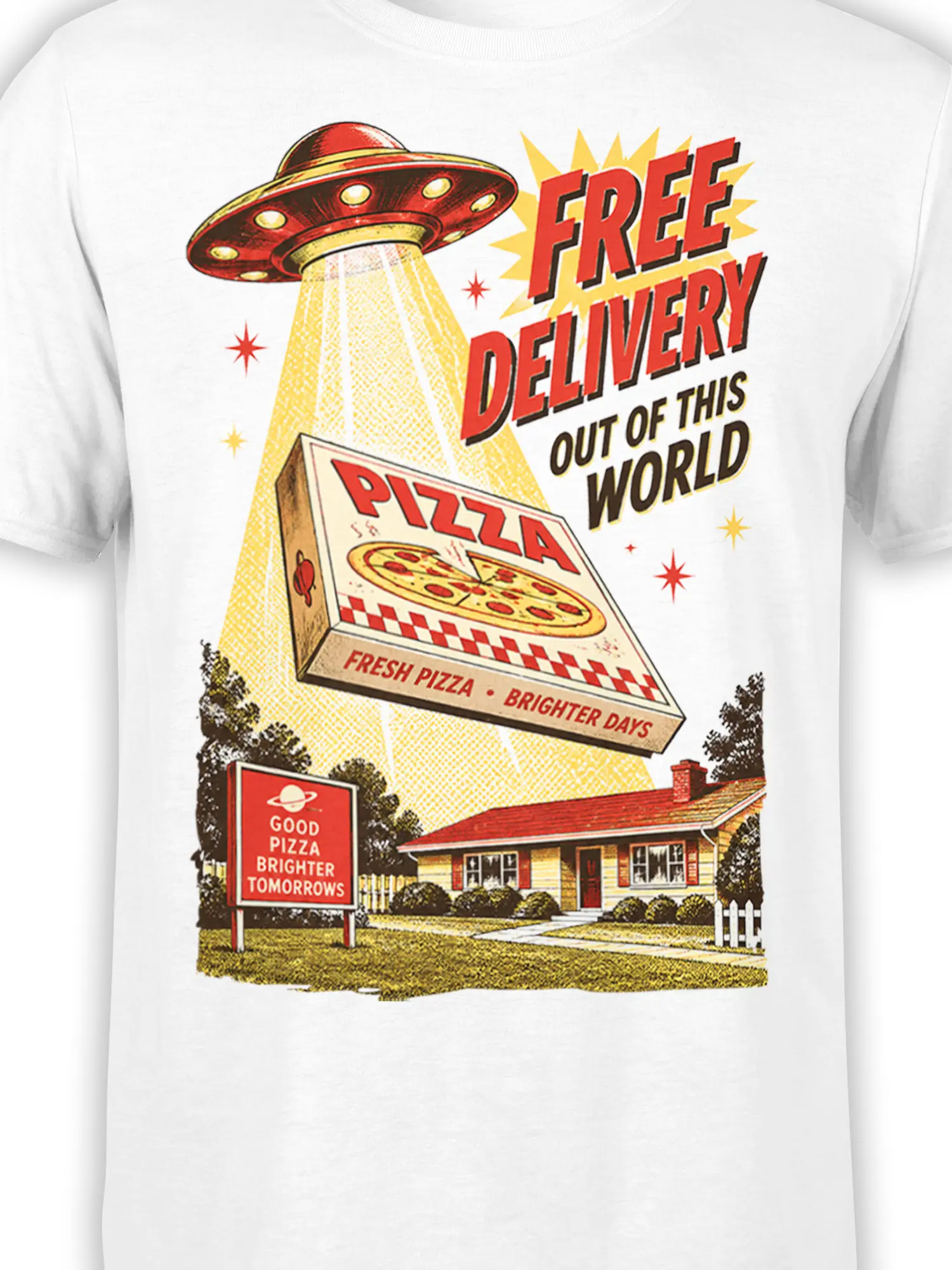 Close-up of the retro UFO, yellow tractor beam, pizza box, and bold lettering on the white graphic tee