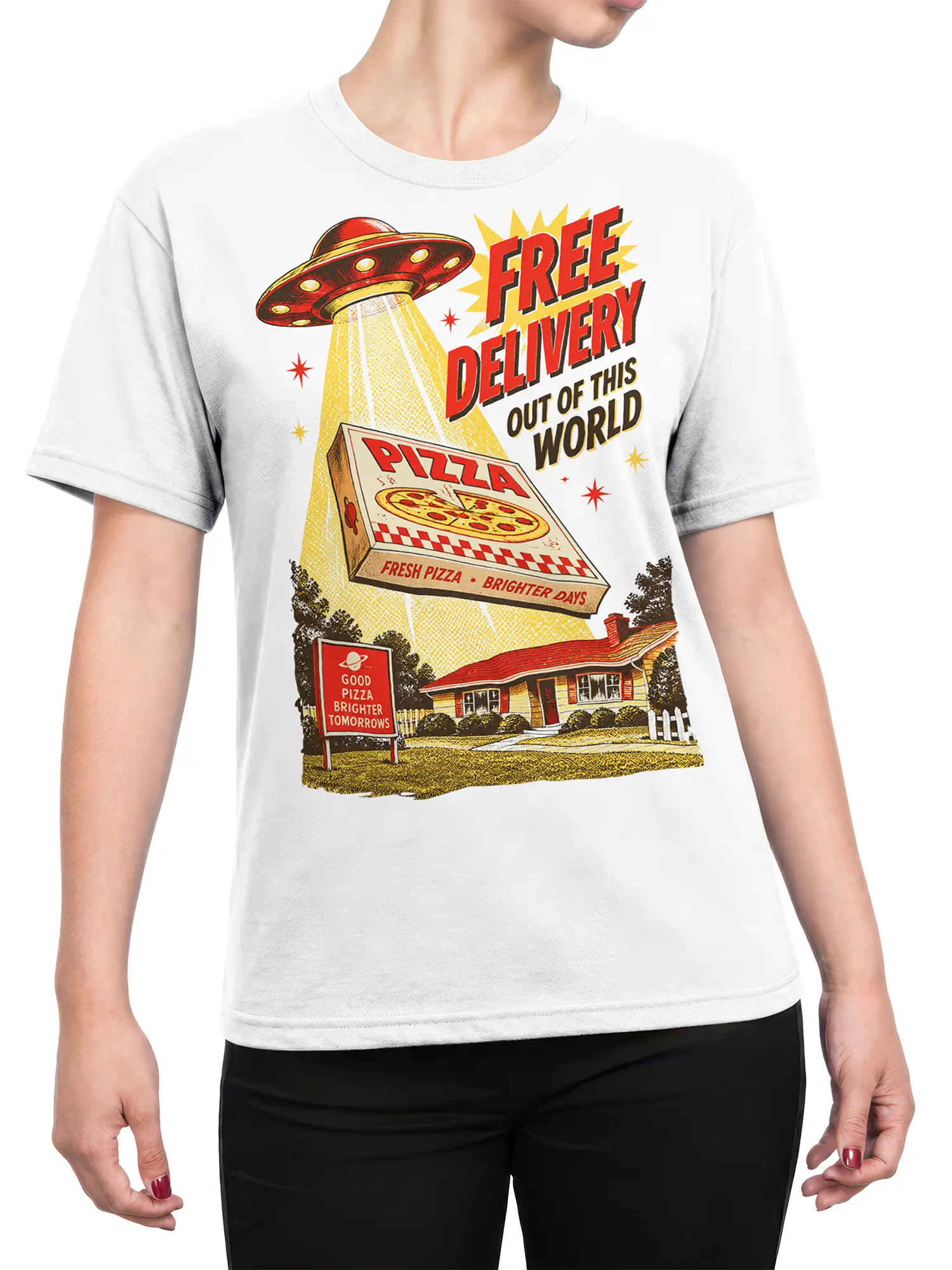 Female torso wearing a white pizza graphic tee with a flying saucer, pizza box, and colorful retro artwork