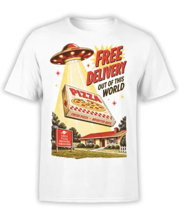 White T-shirt with a retro flying saucer delivering pizza over a house and bold out-of-this-world lettering