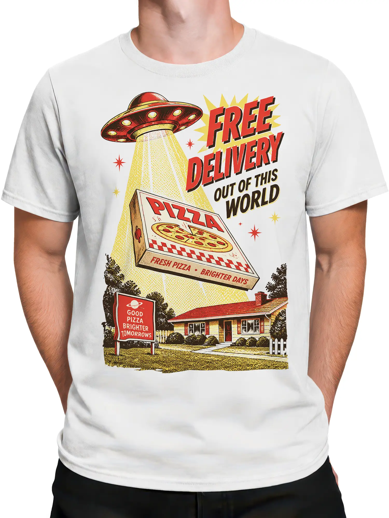 Male torso wearing a white retro pizza T-shirt with a flying saucer delivery design and suburban scene