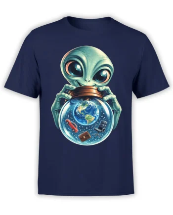 Wide-eyed green alien holding a crystal ball with Earth and office objects on a navy T-shirt