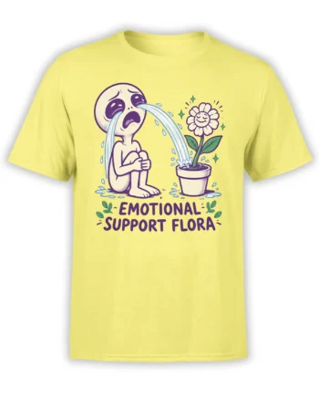 Yellow plant t-shirt with a crying figure watering a smiling flower and Emotional Support Flora text