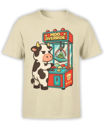 Black and white cow playing an alien claw machine on a beige graphic T-shirt