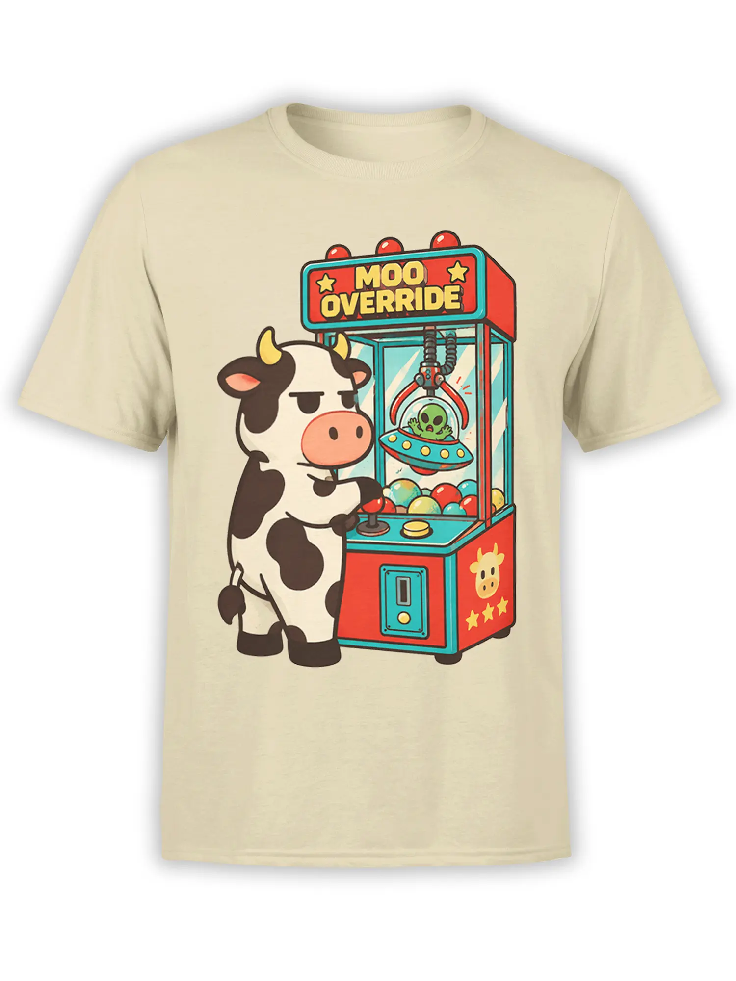 Black and white cow playing an alien claw machine on a beige graphic T-shirt