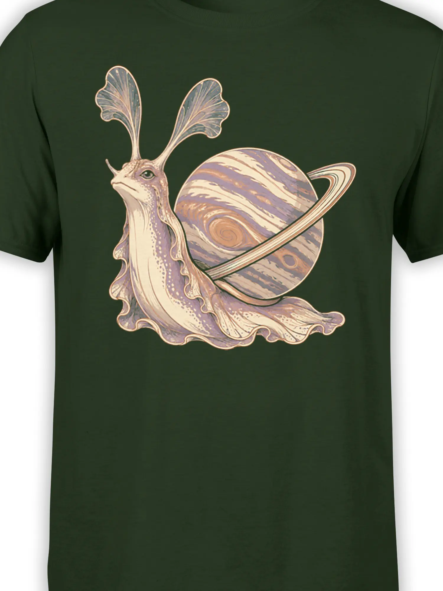 Close-up of the antlered cosmic creature and ringed planet graphic on a green fantasy T-shirt