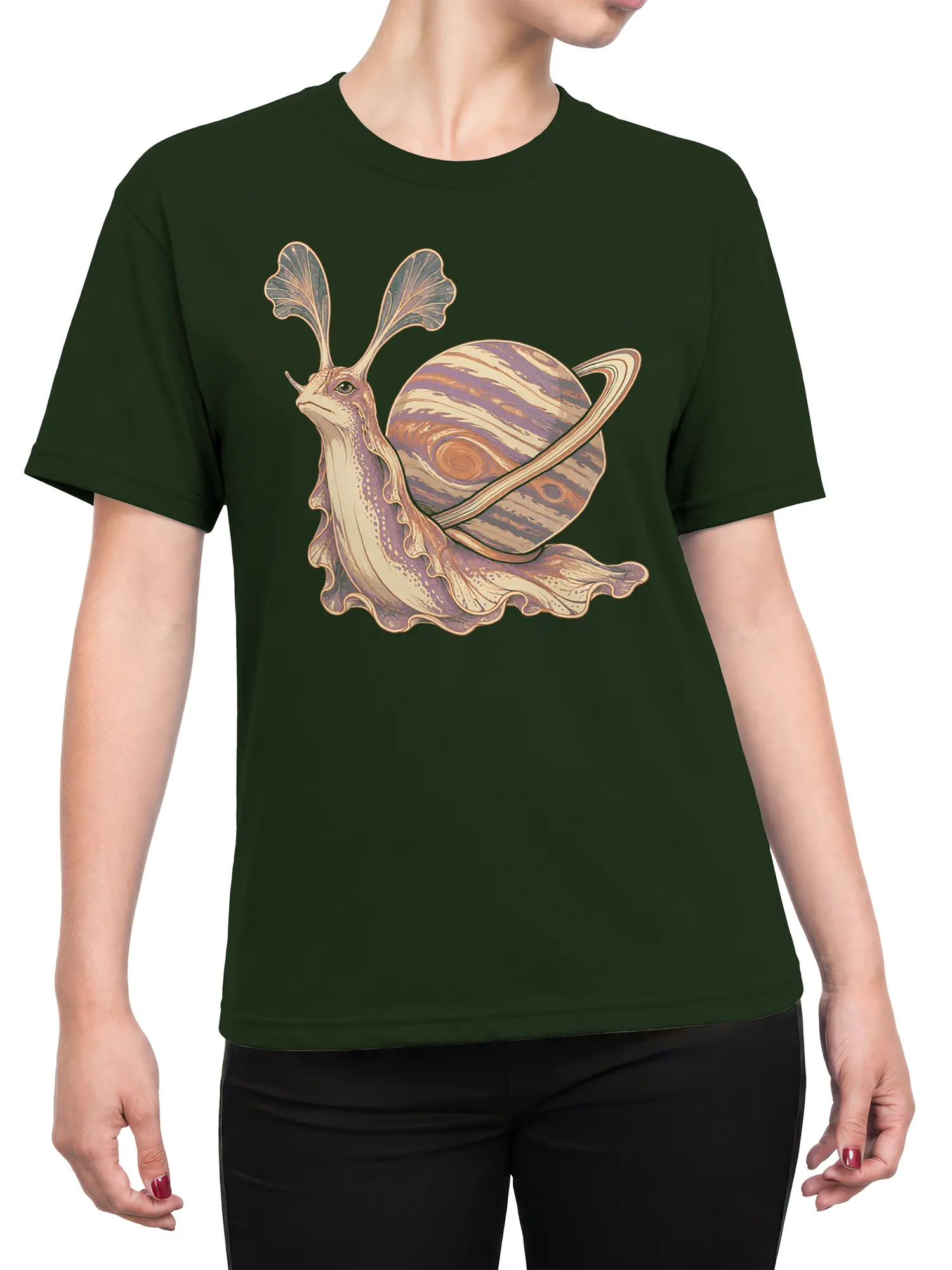Female torso wearing a green T-shirt with an antlered creature and ringed planet design