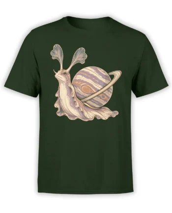 Antlered fantasy creature carrying a ringed planet on a green vintage-style graphic T-shirt
