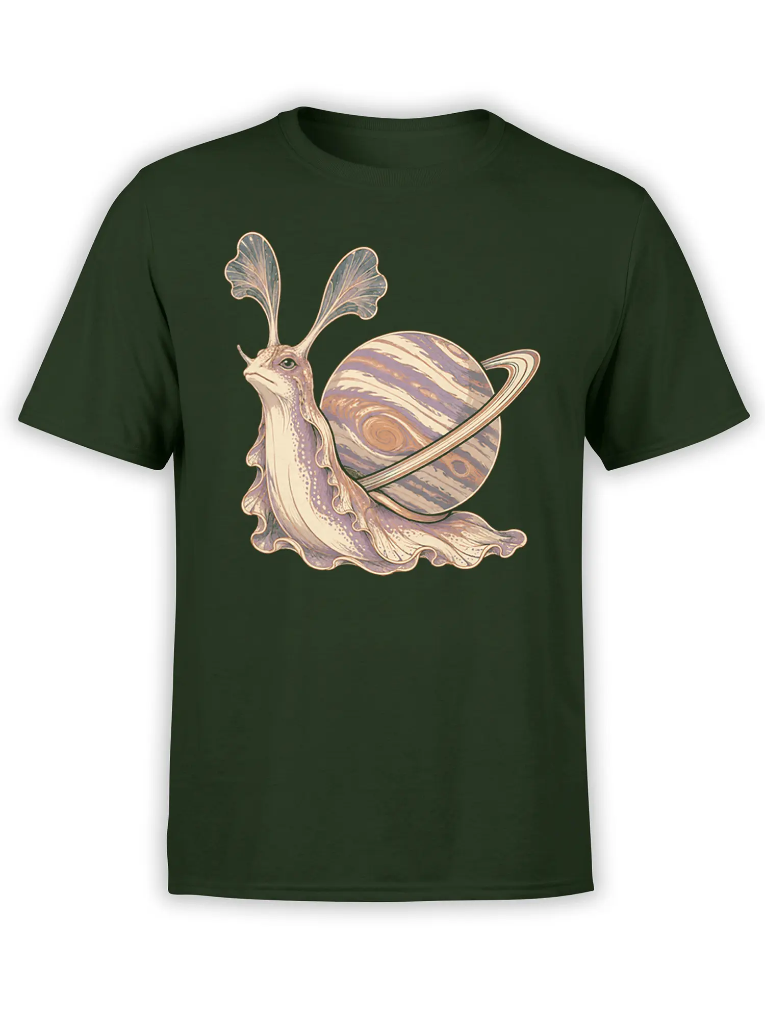 Antlered fantasy creature carrying a ringed planet on a green vintage-style graphic T-shirt