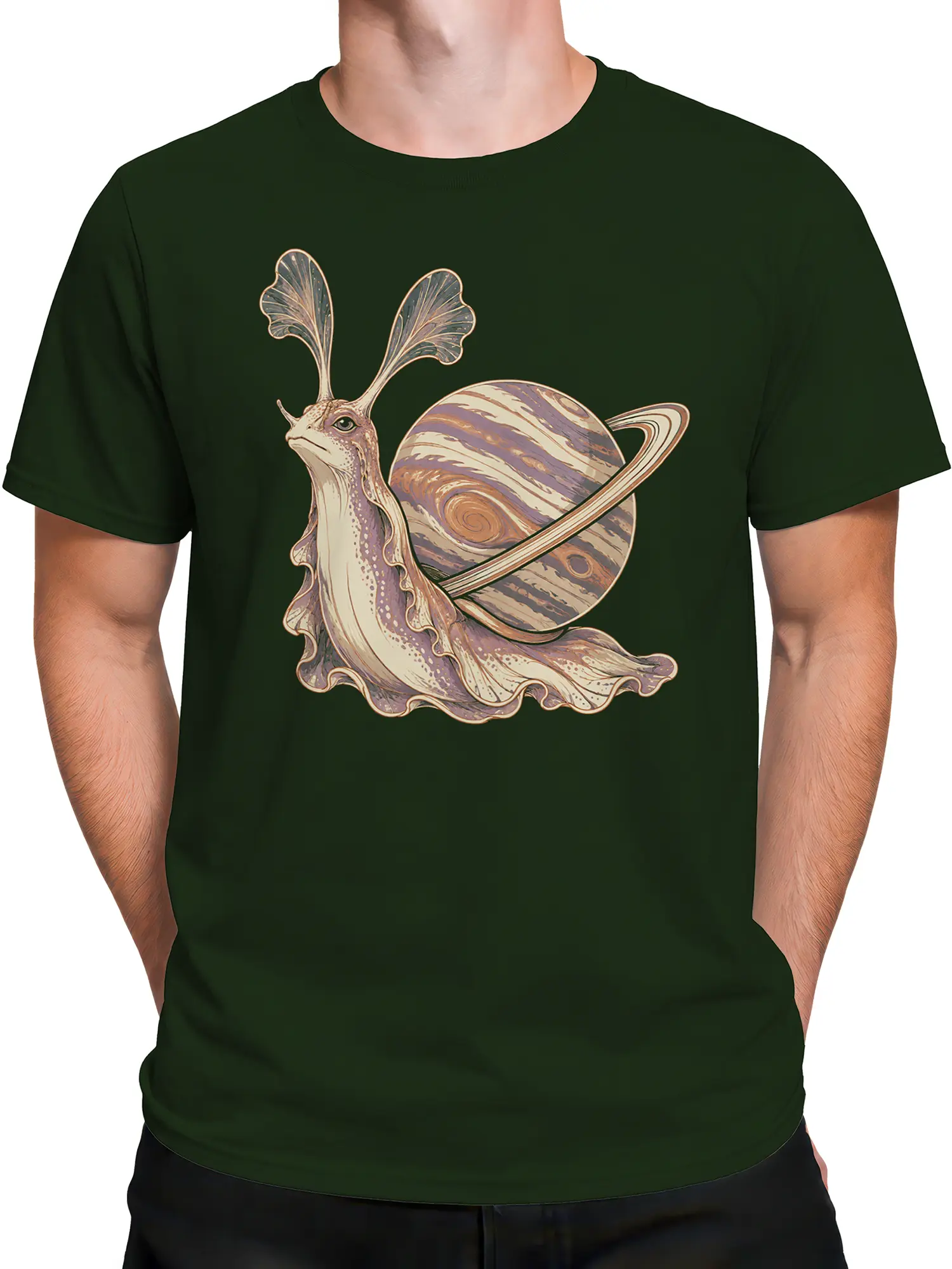Male torso wearing a green fantasy T-shirt with an antlered cosmic creature graphic