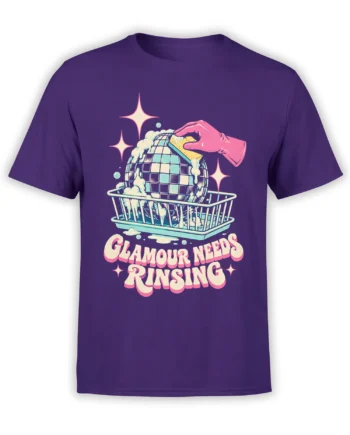 Purple disco ball T-shirt with a soapy mirror ball, sponge, sparkles, and Glamour Needs Rinsing text