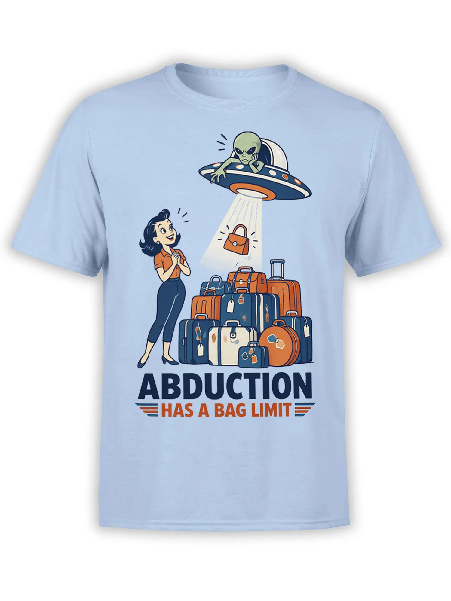 Light blue alien abduction T-shirt with a UFO beaming up luggage and the text Abduction Has a Bag Limit