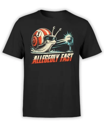 Black T-shirt with a goggled racing snail, red shell, speed camera, and “ALLEGEDLY FAST” graphic