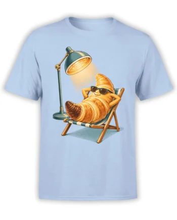 Light blue T-shirt featuring a relaxed golden croissant in sunglasses lounging beneath a floor lamp