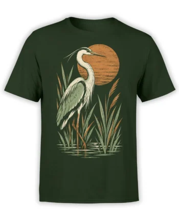Vintage heron standing among marsh reeds and water on a dark green graphic t-shirt