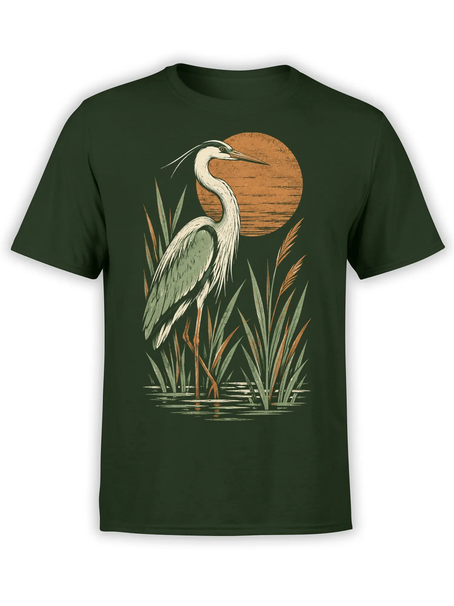 Vintage heron standing among marsh reeds and water on a dark green graphic t-shirt