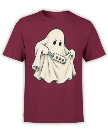 Funny pale ghost stretching a strange marked object on a burgundy graphic T-shirt