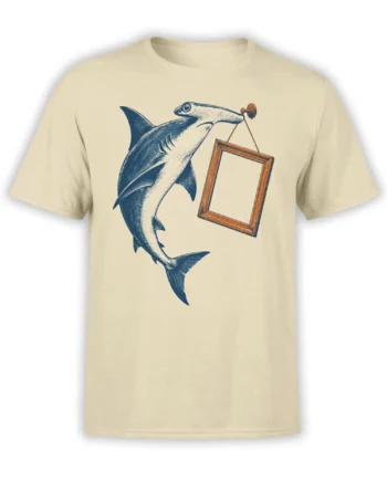 Beige T-shirt with a blue shark carrying an empty wooden picture frame in a surreal vintage design
