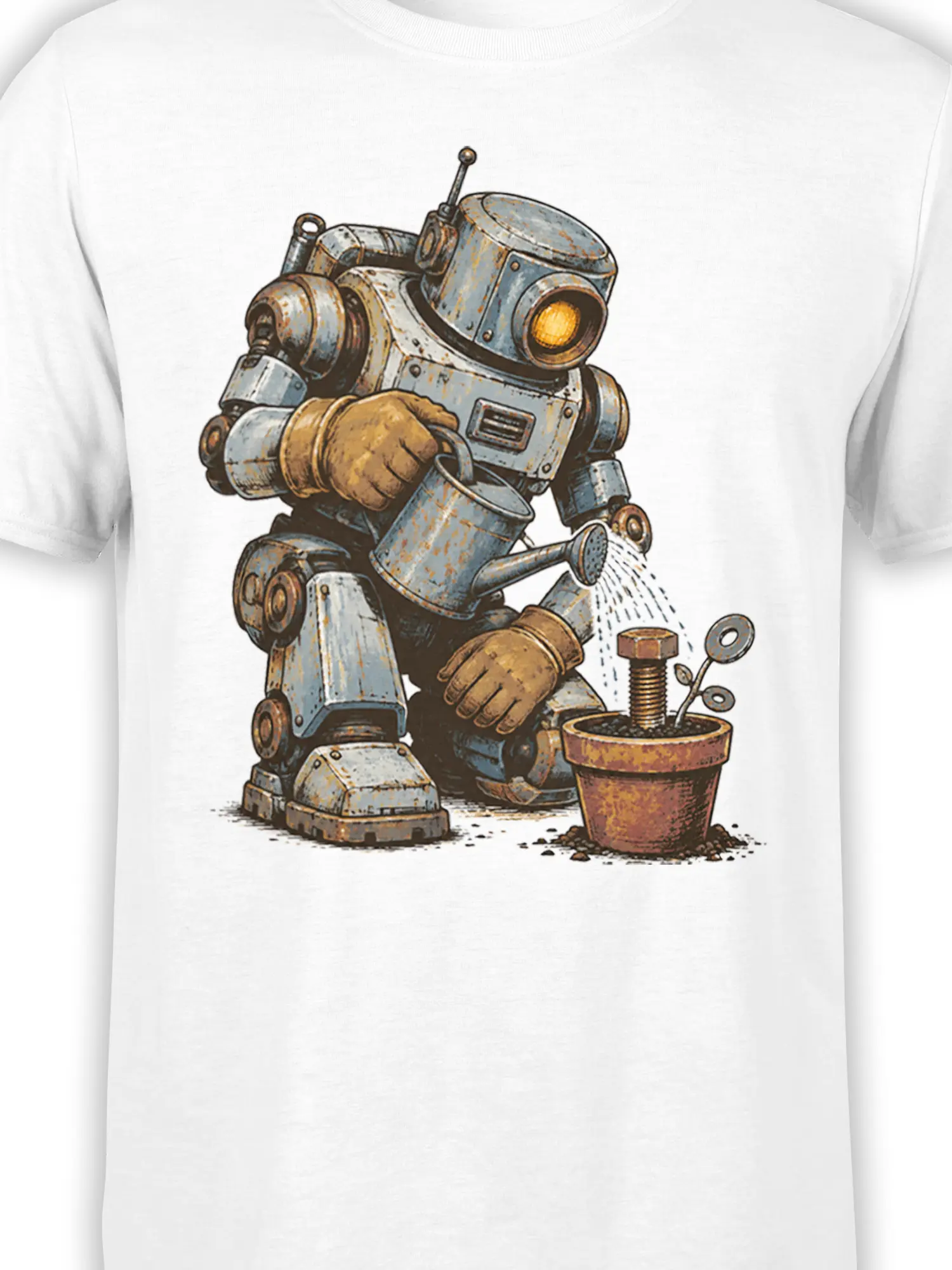 Close-up of a weathered robot watering a plant on a white graphic T-shirt