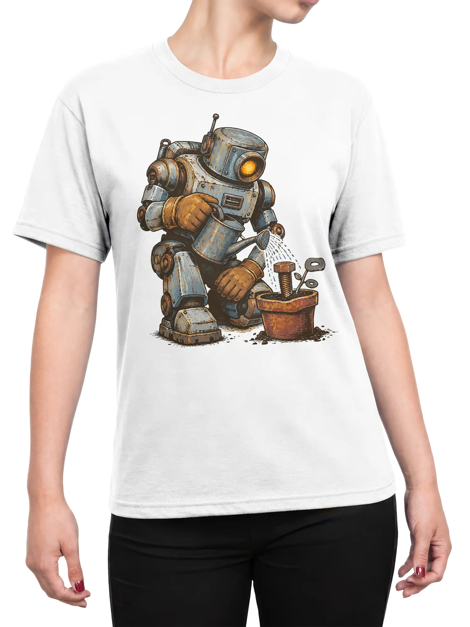 Female torso wearing a white T-shirt with a vintage robot gardening design