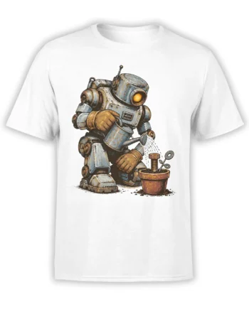 White T-shirt with a weathered robot watering a sprout in a flower pot