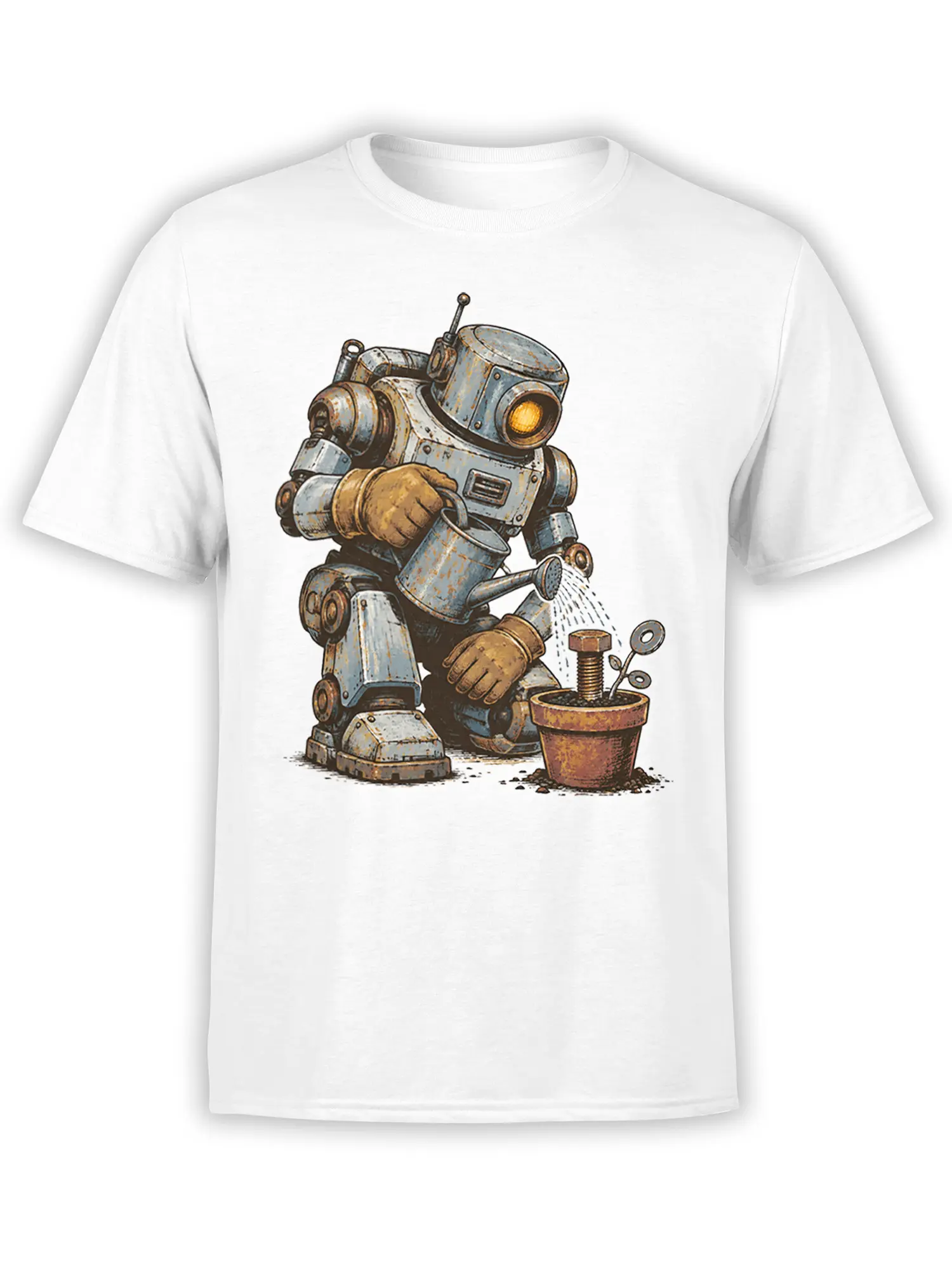 White T-shirt with a weathered robot watering a sprout in a flower pot