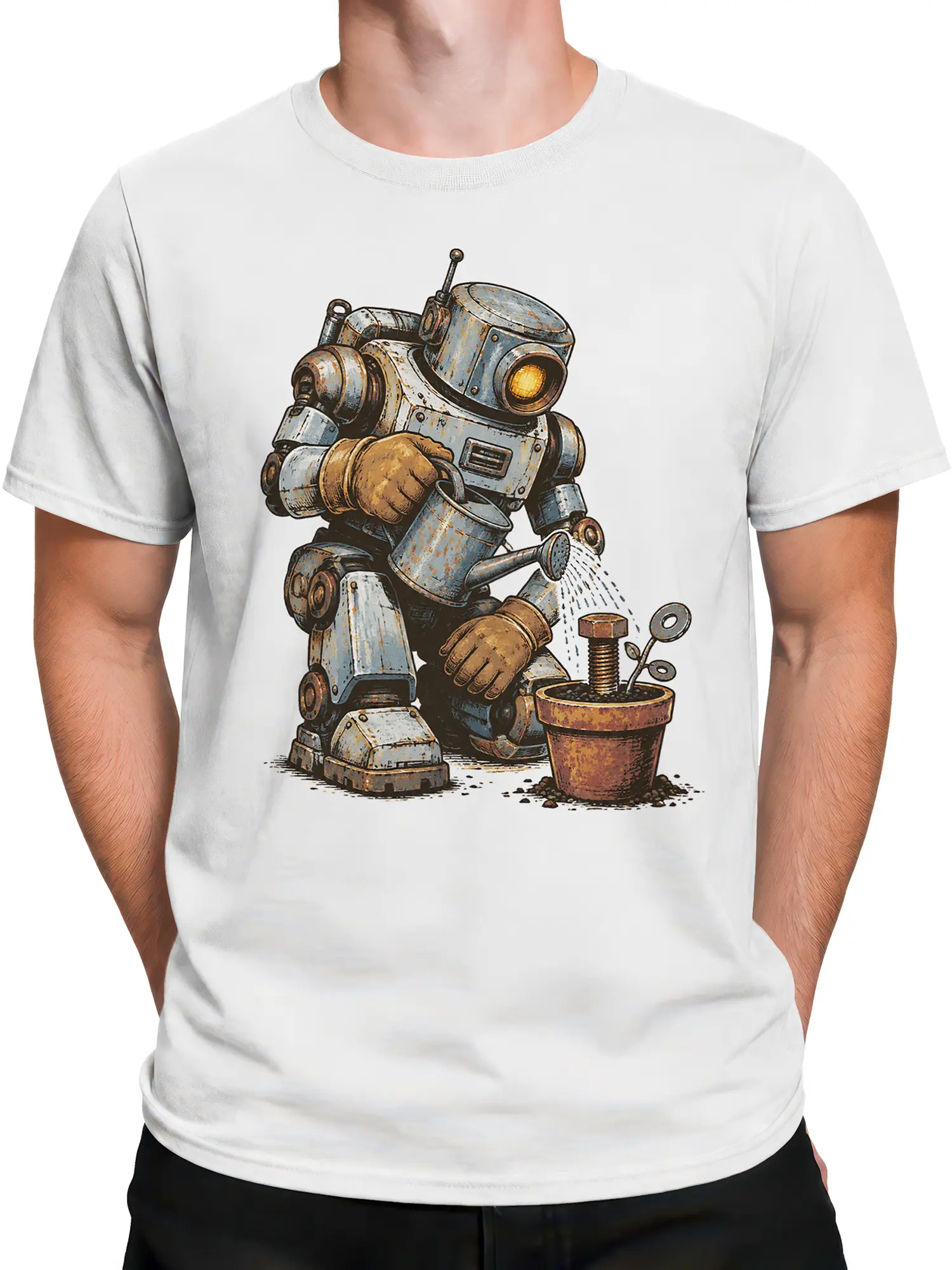 Male torso wearing a white T-shirt with a robot watering a flower pot