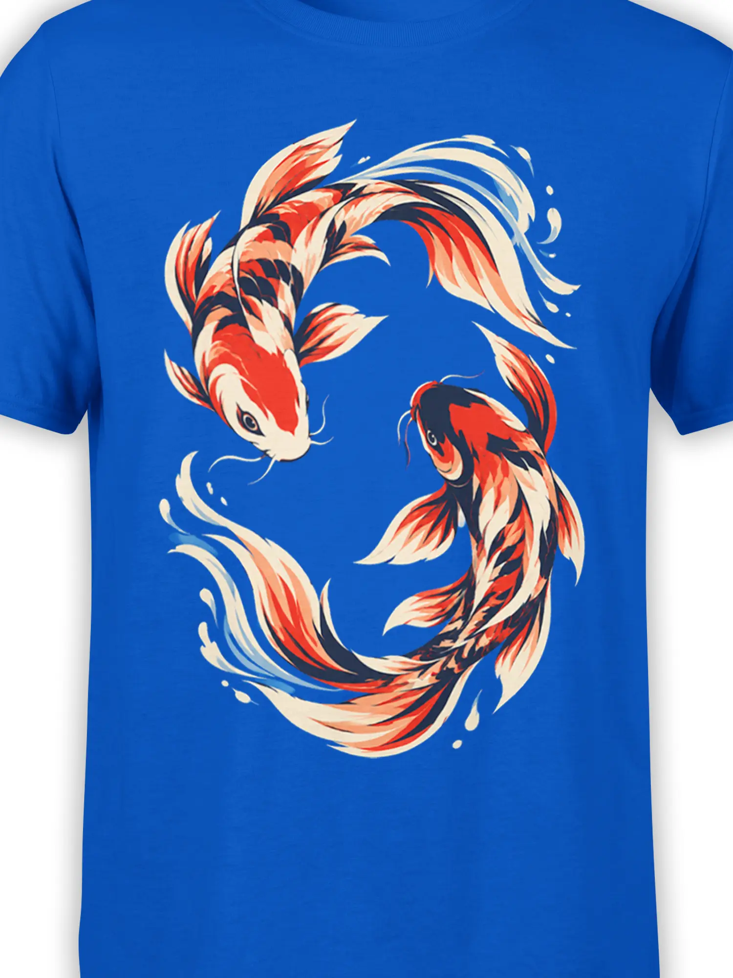 Close-up of flowing koi fish artwork with red, cream, black, and peach details on blue fabric