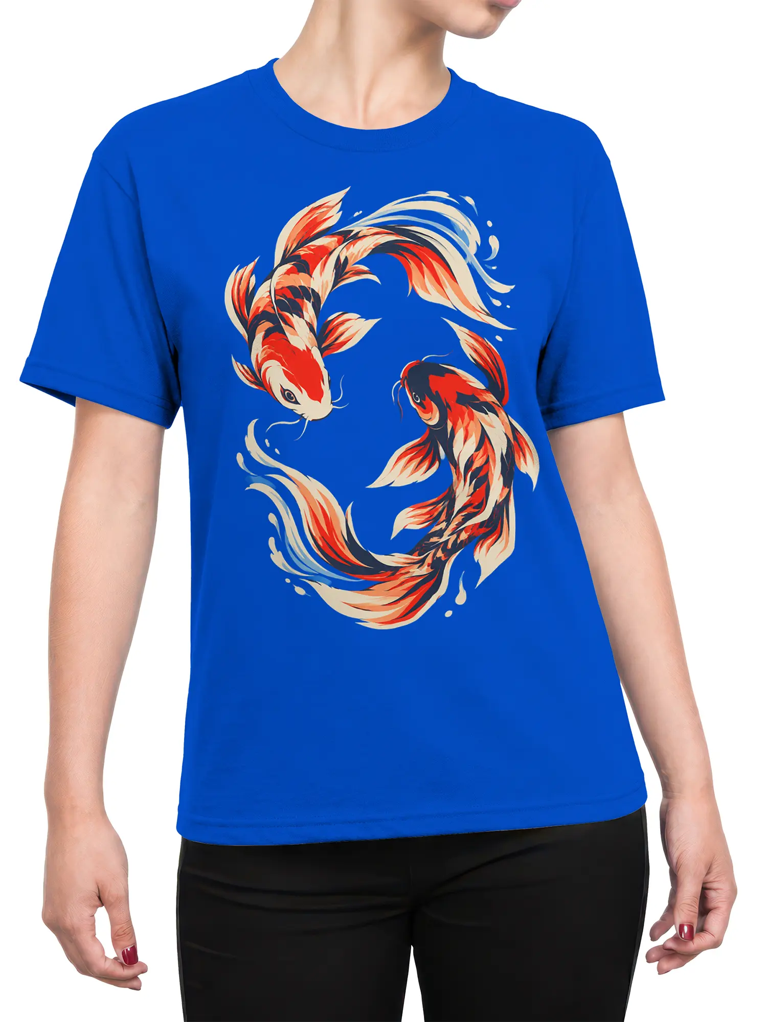 Female torso wearing a blue koi fish T-shirt with flowing red, cream, and black artwork