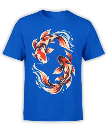 Blue T-shirt with three flowing koi fish in red, cream, black, and peach artwork