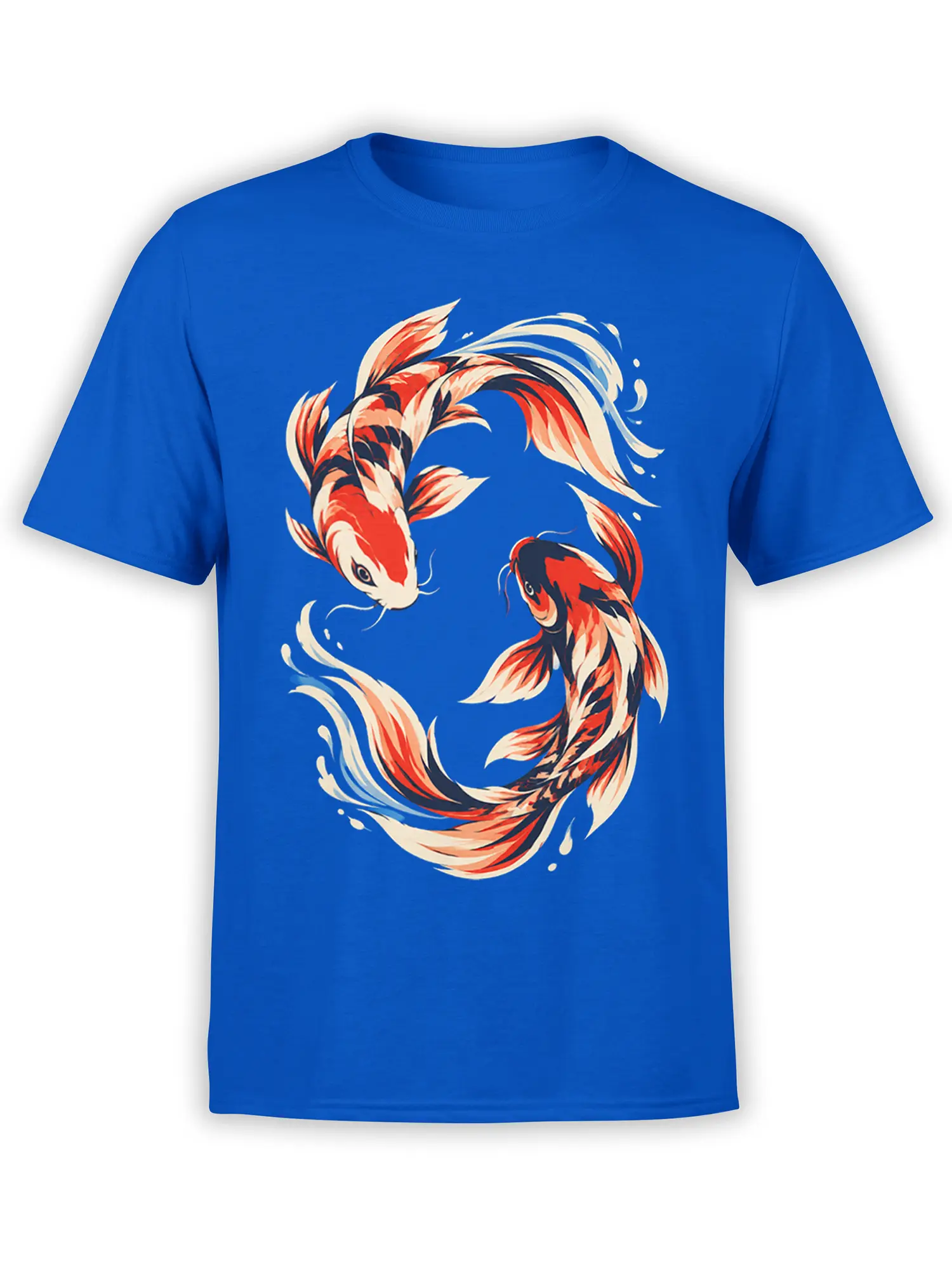 Blue T-shirt with three flowing koi fish in red, cream, black, and peach artwork