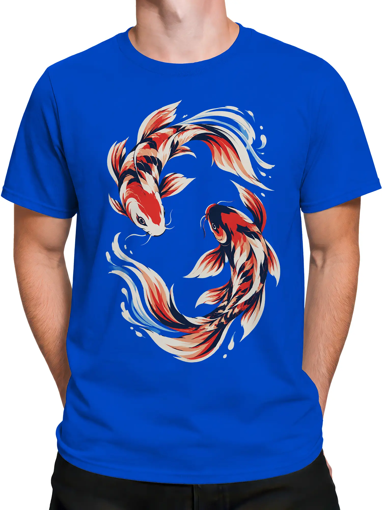 Male torso wearing a blue T-shirt with three flowing koi fish in artistic colors