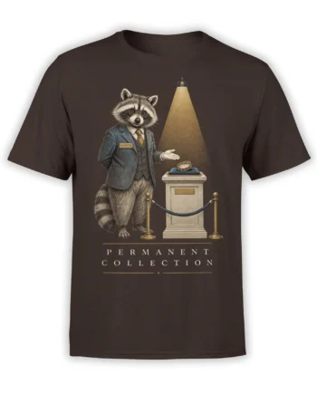 Brown T-shirt with a suited raccoon curator presenting a spotlighted exhibit labeled Permanent Collection