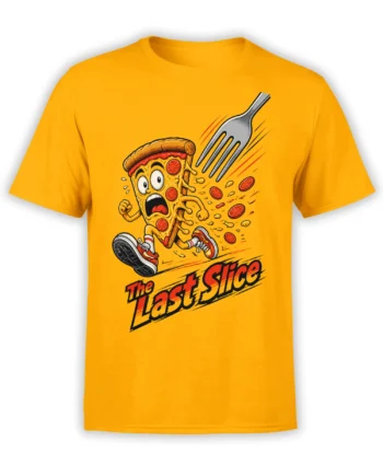 Orange T-shirt with a running pizza slice, flying toppings, a fork, and “The Last Slice” text
