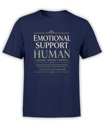 Navy emotional support human T-shirt with vintage cream, pale green, and gold lettering