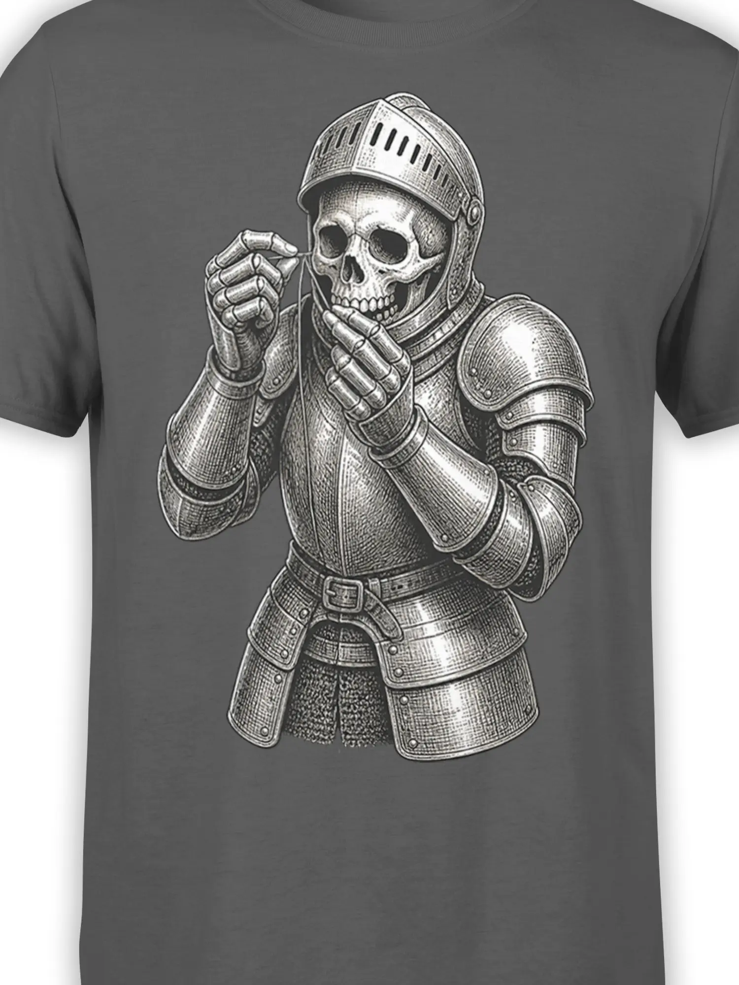 Close-up of the armored skeleton skull and detailed medieval armor on a gray T-shirt