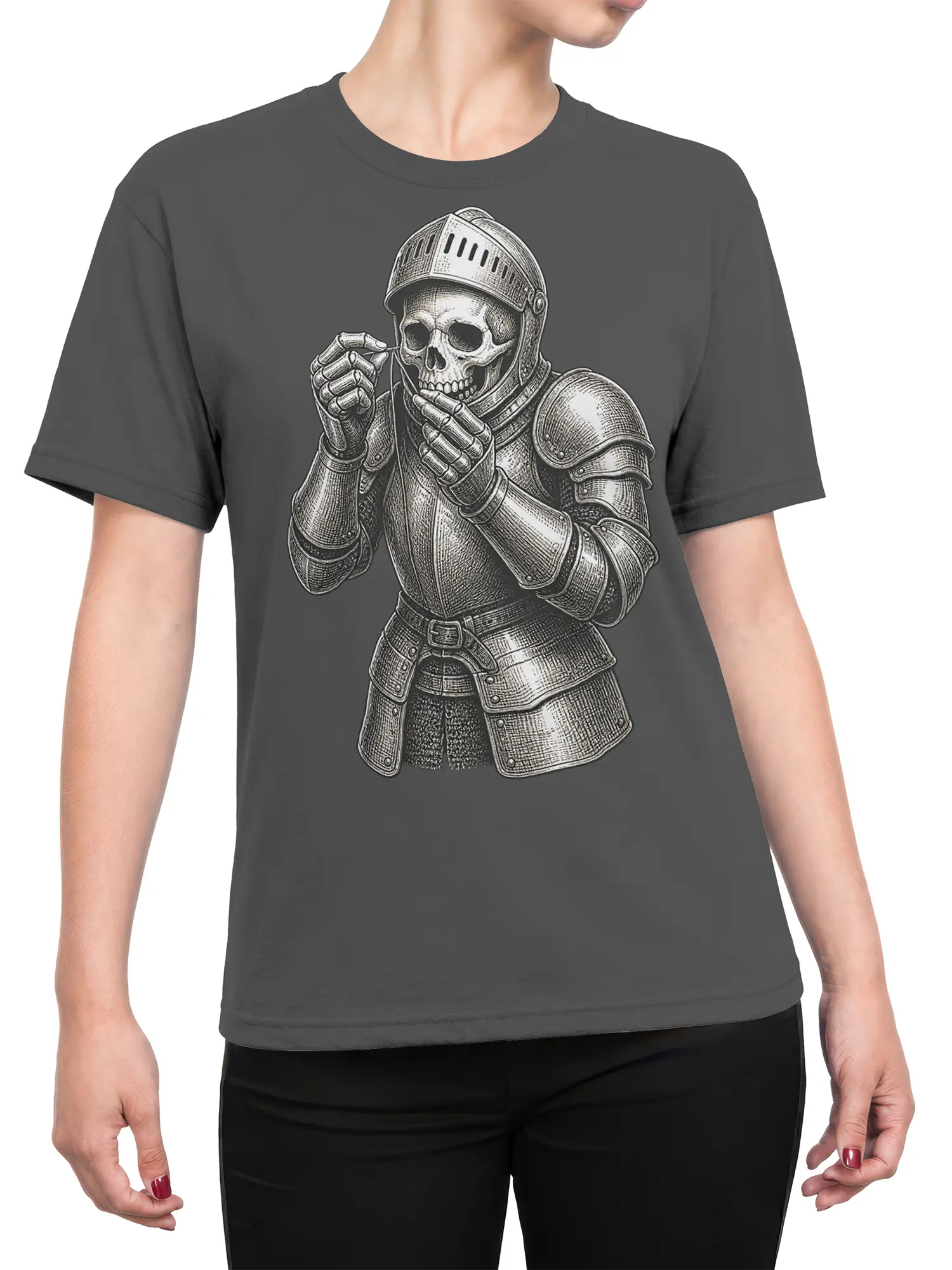Female torso wearing a charcoal gray T-shirt with a detailed armored skeleton design
