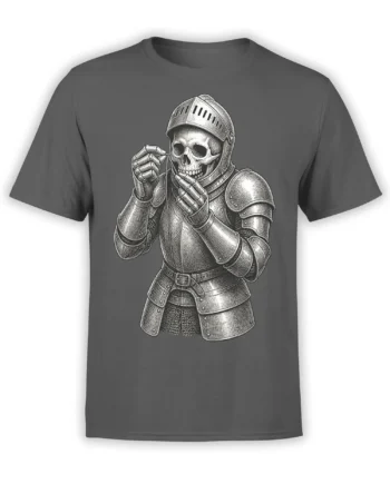 Armored skeleton in detailed medieval armor printed on a charcoal gray T-shirt