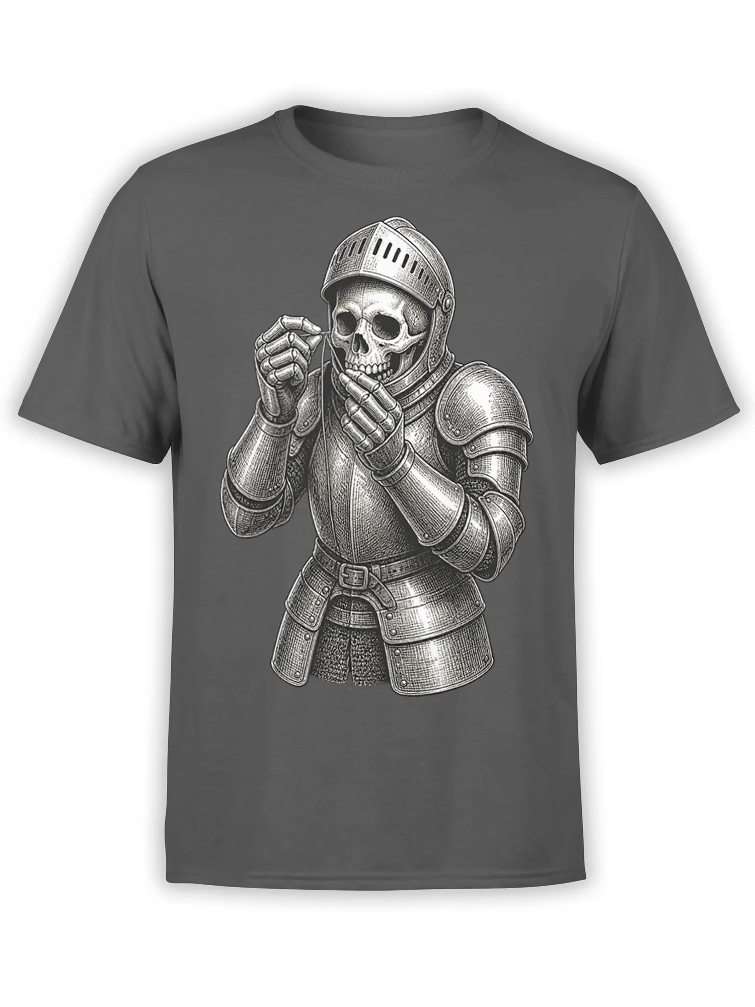 Armored skeleton in detailed medieval armor printed on a charcoal gray T-shirt