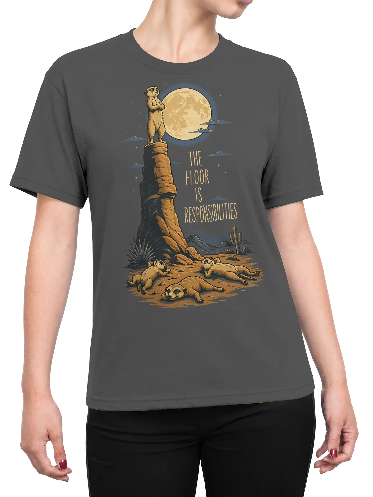 Female torso wearing a gray meerkat T-shirt with moonlit desert artwork and the phrase The Floor Is Responsibilities
