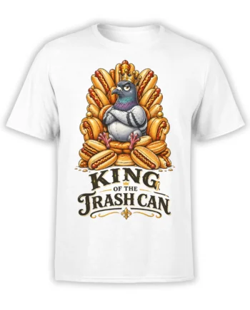 White T-shirt with a crowned pigeon seated on a hot dog throne and “King of the Trash Can” text