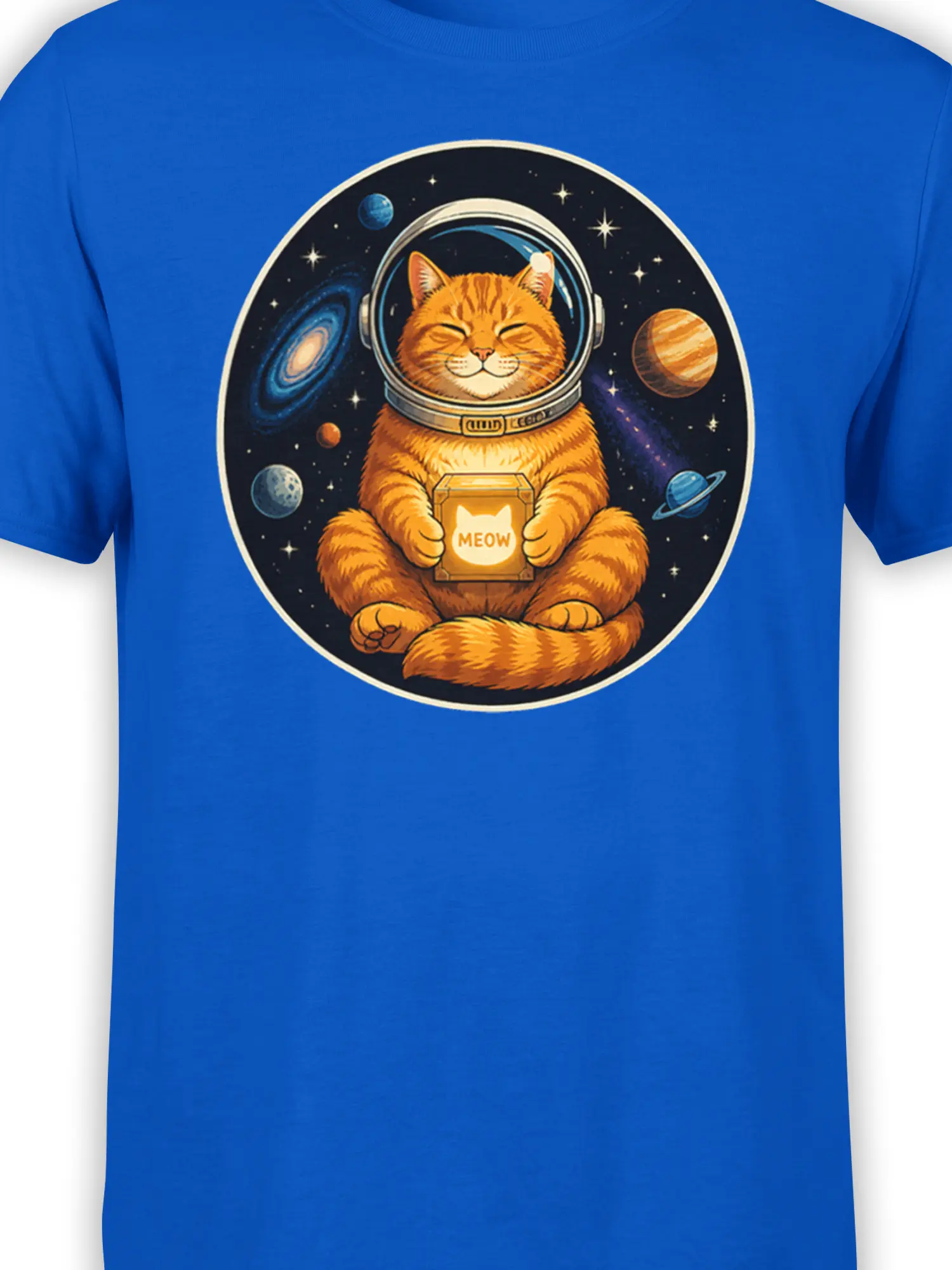 Close-up of orange astronaut cat and MEOW graphic on blue space-themed T-shirt