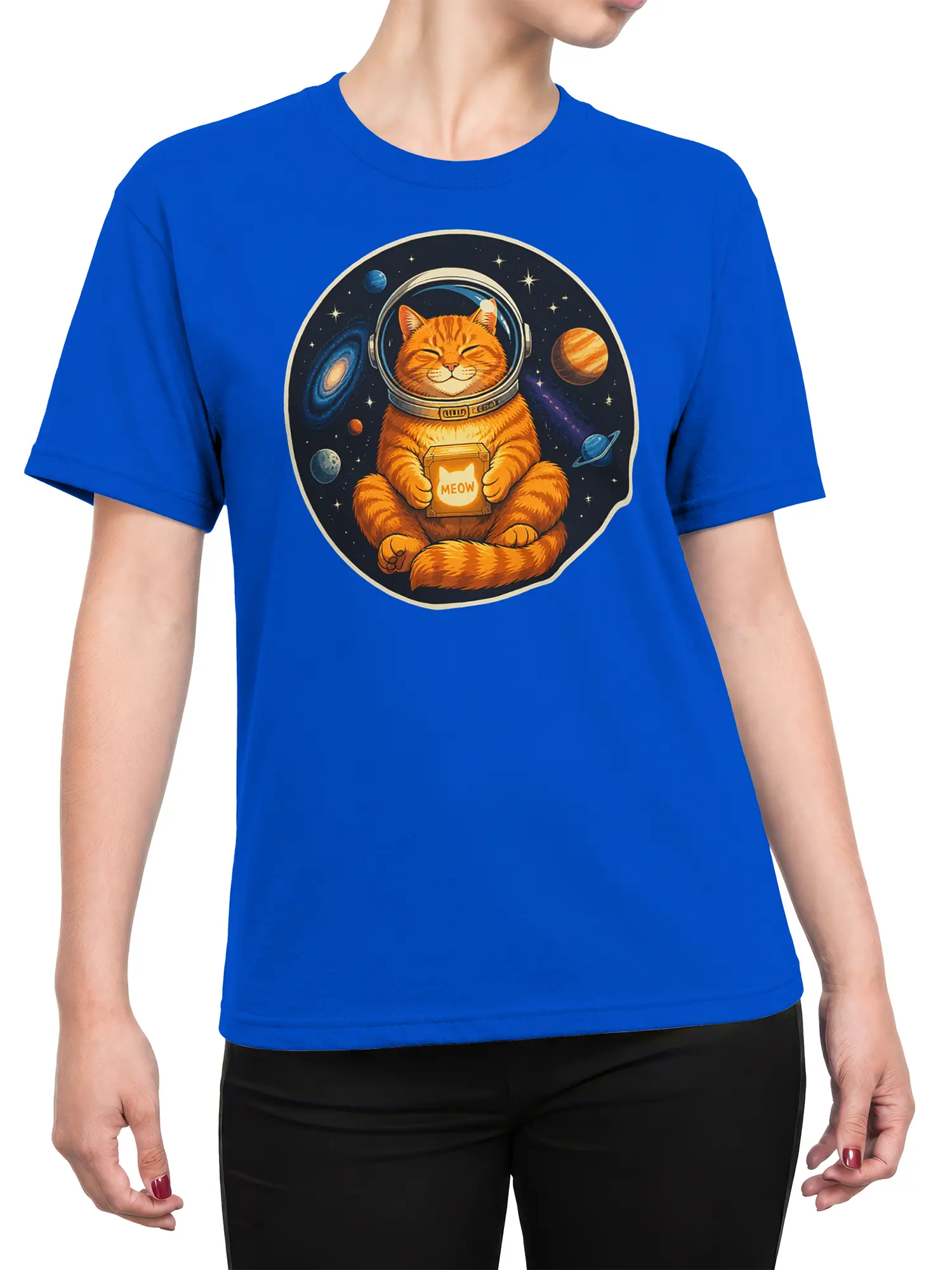 Female torso wearing blue T-shirt with orange astronaut cat and cosmic MEOW graphic